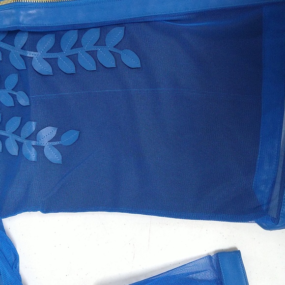 NEW! Colleen Lopez Mesh Leaf / Floral Faux Leather Jacket, Rich Blue - Picture 9 of 13